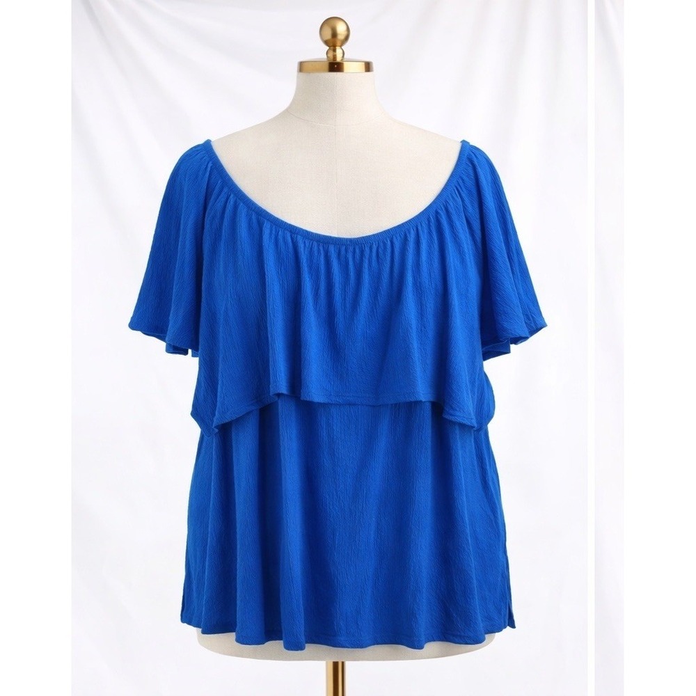 Roaman's Popover Top Crinkle Size 3X 30/32 Aqua Blue Tiered‎ Flutter Sleeves